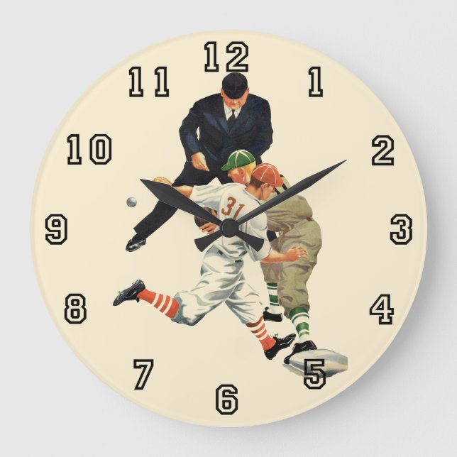 Vintage Sports Baseball Players Safe at Home Plate Large Clock (Front)