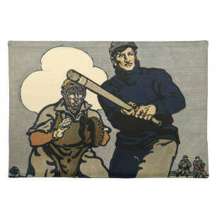 Vintage Sports Baseball Players, Stylized Art Cloth Placemat