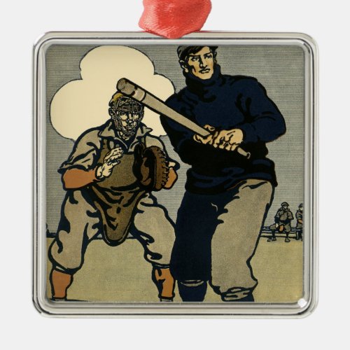 Vintage Sports Baseball Players Stylized Art Metal Ornament