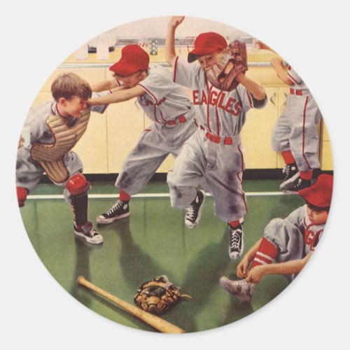 Vintage Sports Baseball Team Boys Roughhousing Classic Round Sticker