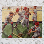Vintage Sports Baseball Team, Boys Roughhousing Jigsaw Puzzle<br><div class="desc">Vintage illustration children image featuring kids on a baseball team. The players are having fun in a kitchen after a big game.</div>