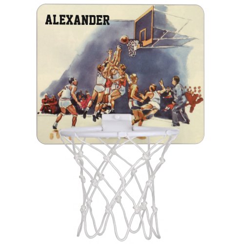 Vintage Sports Basketball Players in a Game Mini Basketball Hoop