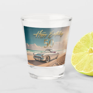 Vintage Sports car beach Happy 50th Birthday Shot Glass