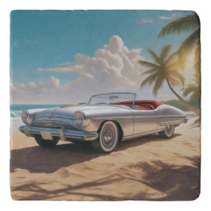 Vintage Sports car on a tropical beach Trivet