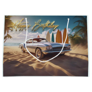 Vintage Sports car tropical beach Happy birthday Large Gift Bag