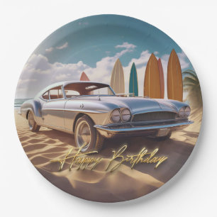 Vintage Sports car tropical beach Happy birthday Paper Plates