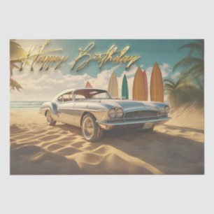 Vintage Sports car tropical beach Happy birthday Tissue Paper