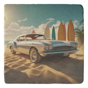 Vintage Sports car tropical beach  Trivet