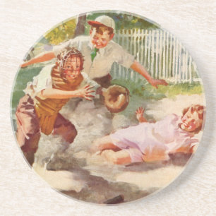 Vintage Sports, Children Play Stickball Baseball Sandstone Coaster