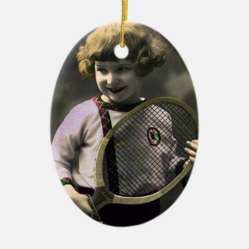 Vintage Sports Happy Girl Holding a Tennis Racket Ceramic Ornament