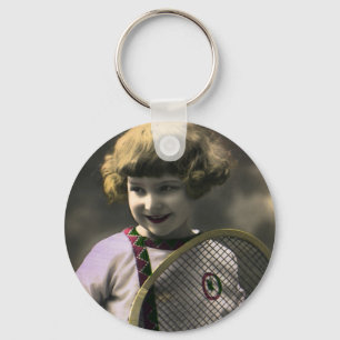 Vintage Sports, Happy Girl Holding a Tennis Racket Keychain