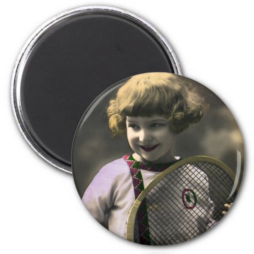 Vintage Sports Happy Girl Holding a Tennis Racket Magnet