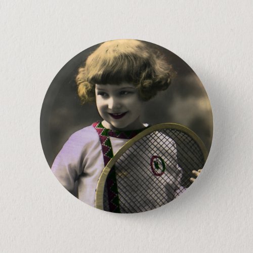 Vintage Sports Happy Girl Holding a Tennis Racket Pinback Button