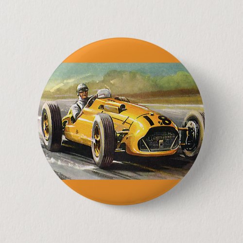 Vintage Sports Racing Yellow Race Car Racer Button