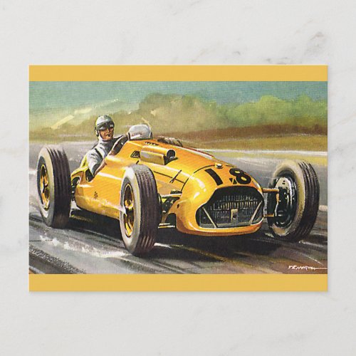 Vintage Sports Racing Yellow Race Car Racer Postcard