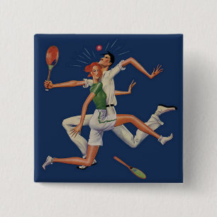 Vintage Sports, Tennis Players Crash with Rackets Button