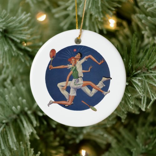 Vintage Sports, Tennis Players Crash with Rackets Ceramic Ornament