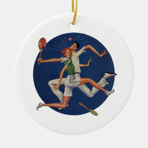 Vintage Sports Tennis Players Crash with Rackets Ceramic Ornament