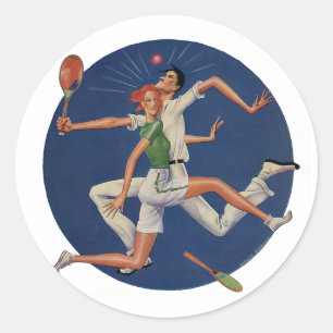 Vintage Sports, Tennis Players Crash with Rackets Classic Round Sticker