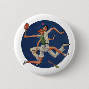 Vintage Sports, Tennis Players Crash with Rackets Pinback Button