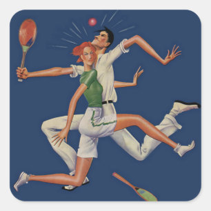 Vintage Sports, Tennis Players Crash with Rackets Square Sticker