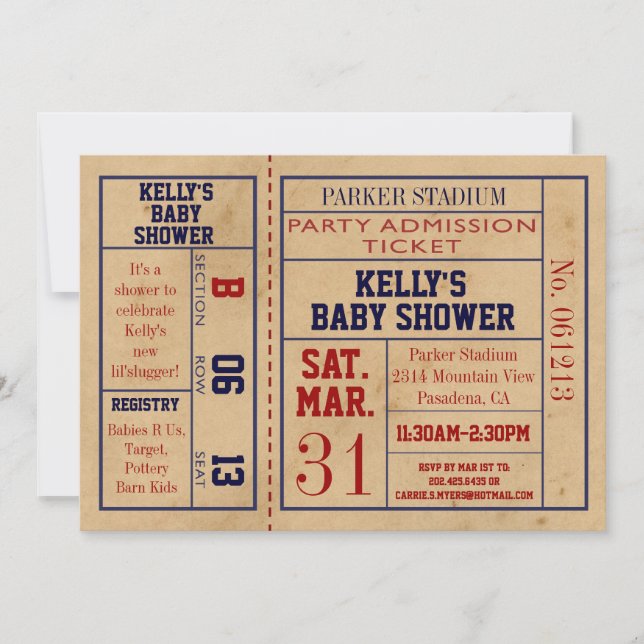 Vintage Sports Ticket Baby Shower Invite - Basebal (Front)