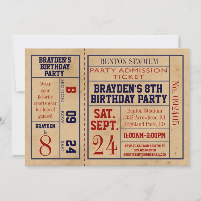Vintage Sports Ticket Birthday Invite - Football (Front)