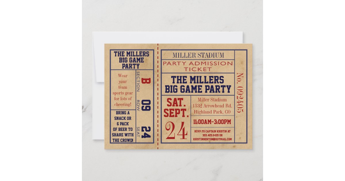 Vintage Sports Ticket Invite Football Party Zazzle