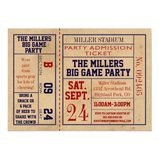 Vintage Sports Ticket Invite Football Party Zazzle