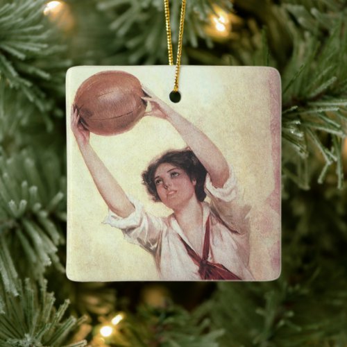 Vintage Sports Woman Basketball Player with Ball Ceramic Ornament