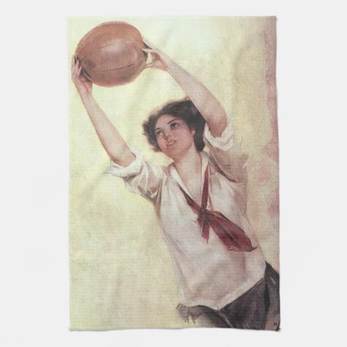Vintage Sports Woman Basketball Player with Ball Kitchen Towel
