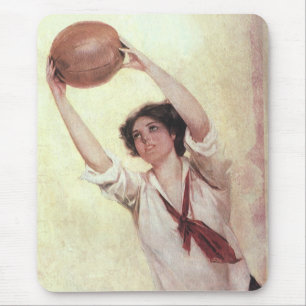Vintage Sports, Woman Basketball Player with Ball Mouse Pad