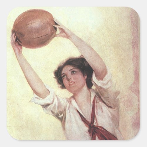Vintage Sports Woman Basketball Player with Ball Square Sticker