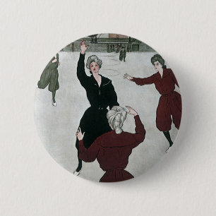Vintage Sports, Women's Basketball Players in Game Button