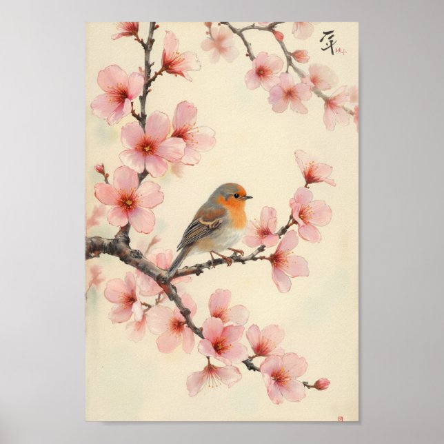 Vintage Spring Bird Cherry Blossom Wall Art (Front)