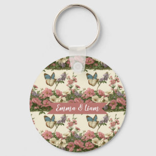 Vintage Spring Butterfly Floral Garden for Couple Keychain