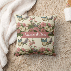 Vintage Spring Butterfly Floral Garden for Couple Throw Pillow