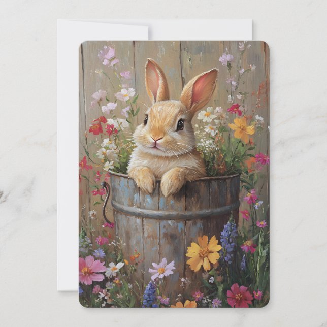 Vintage Spring Floral Bunny in Rustic Bucket   Holiday Card (Front)