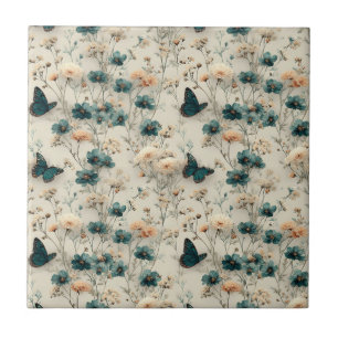 Vintage Spring Flowers and Butterflies Ceramic Tile