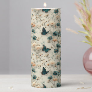 Vintage Spring Flowers and Butterflies Pillar Candle