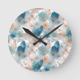 Vintage Spring Flowers & Blue Butterfly Round Clock