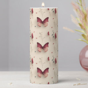 Vintage Spring Flowers & Blush Butterfly Pillar Candle