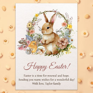 Vintage Spring Flowers Happy Easter Bunny Holiday Card