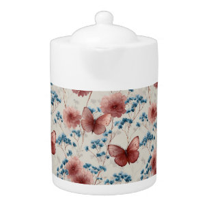 Vintage Spring Flowers & Pink Butterflies Teapot