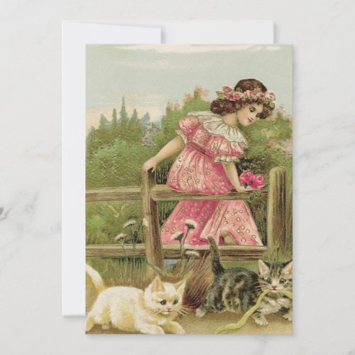 Vintage Spring Girl Watching Kittens Play Holiday Card