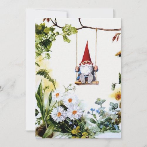 Vintage Spring Gnome Swinging On a Swing Holiday Card