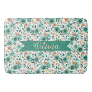 Vintage Spring Green Floral Personalized Bath Mat