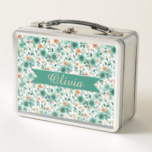 Vintage Spring Green Floral Personalized Metal Lunch Box