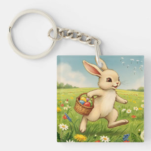Vintage Spring Meadow Easter Bunny Keychain