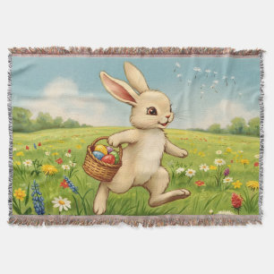 Vintage Spring Meadow Easter Bunny Throw Blanket